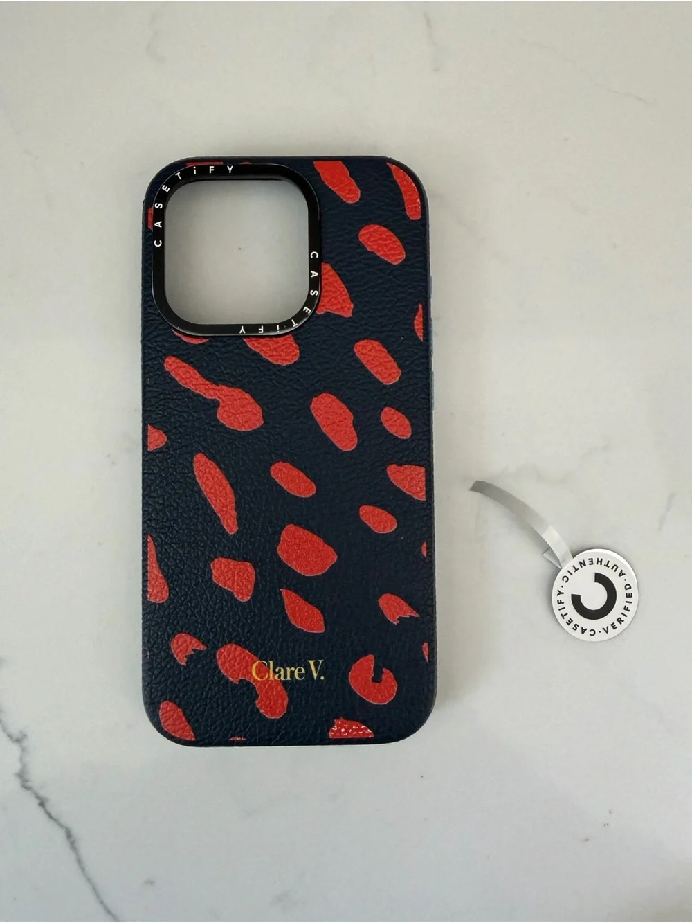 Clare V. x Casetify Navy with Poppy Jaguar Print Leather iPhone 15 Pro Case